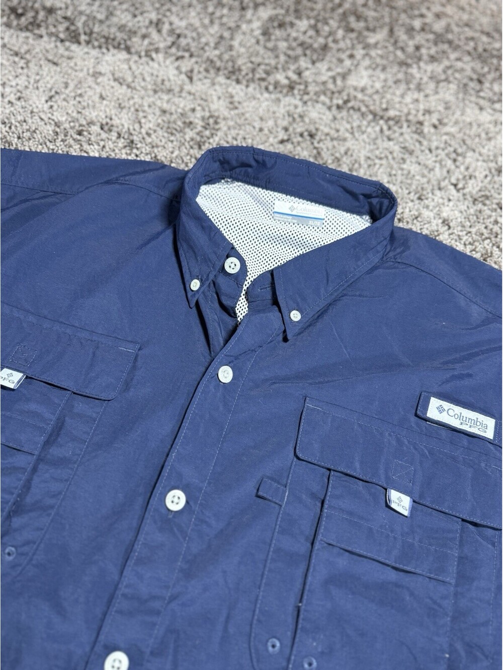 Columbia PFG Bahama II Mens XL Navy Blue Omni-Shade Short Sleeve Fishing Vented
